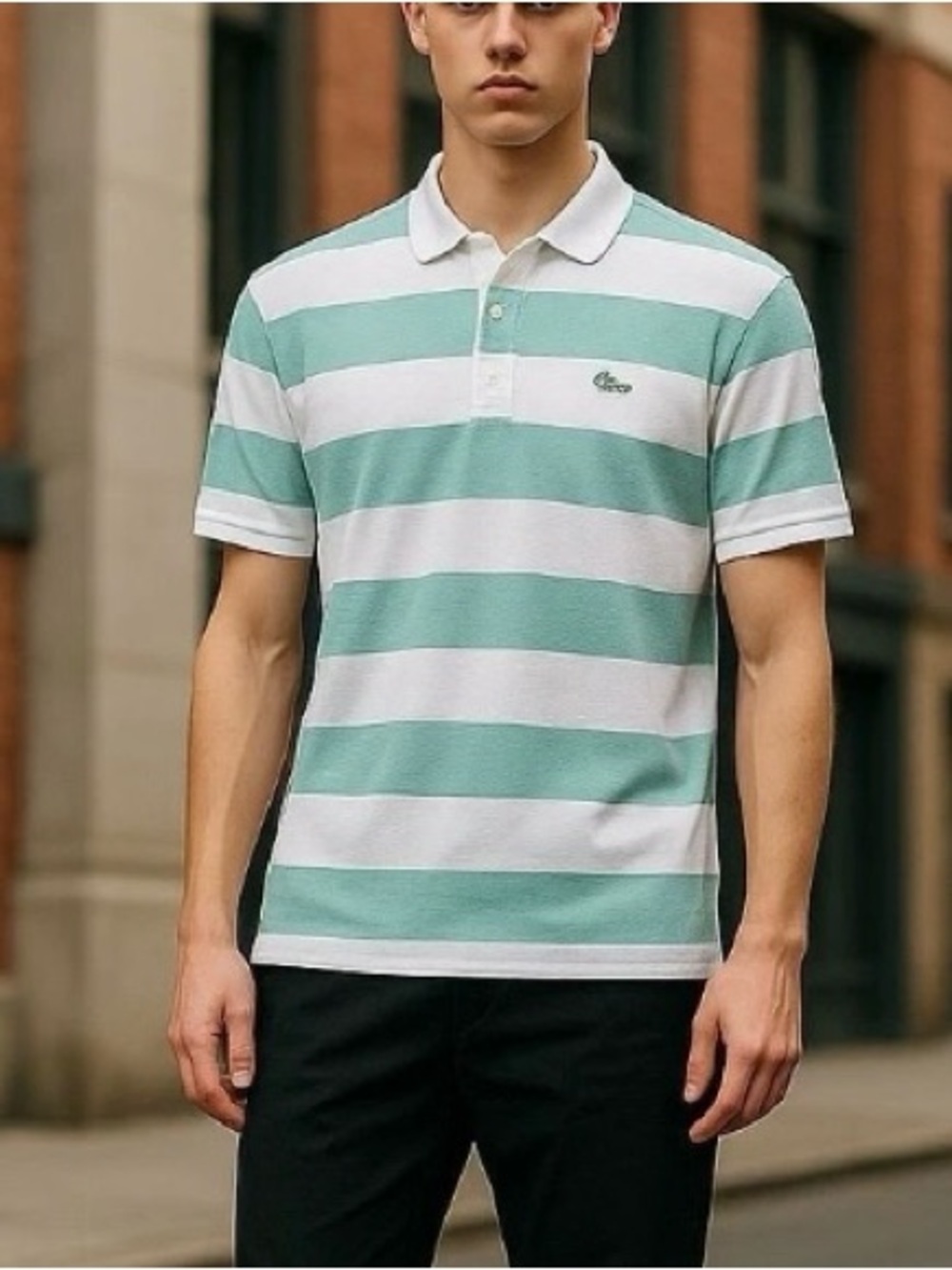 Lacoste Mint Green and White Striped Cotton Polo 7 XL